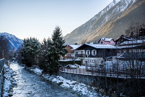 Riverside position with Brevent ski area behind