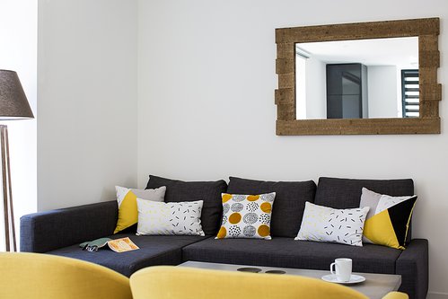 Bright living area with sofa bed