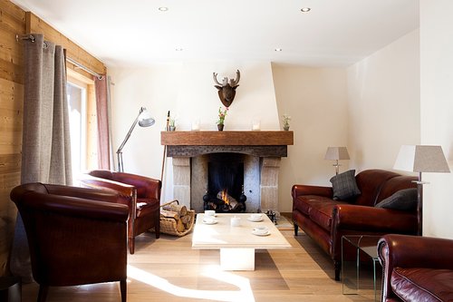 The comfortable living room with log fireplace